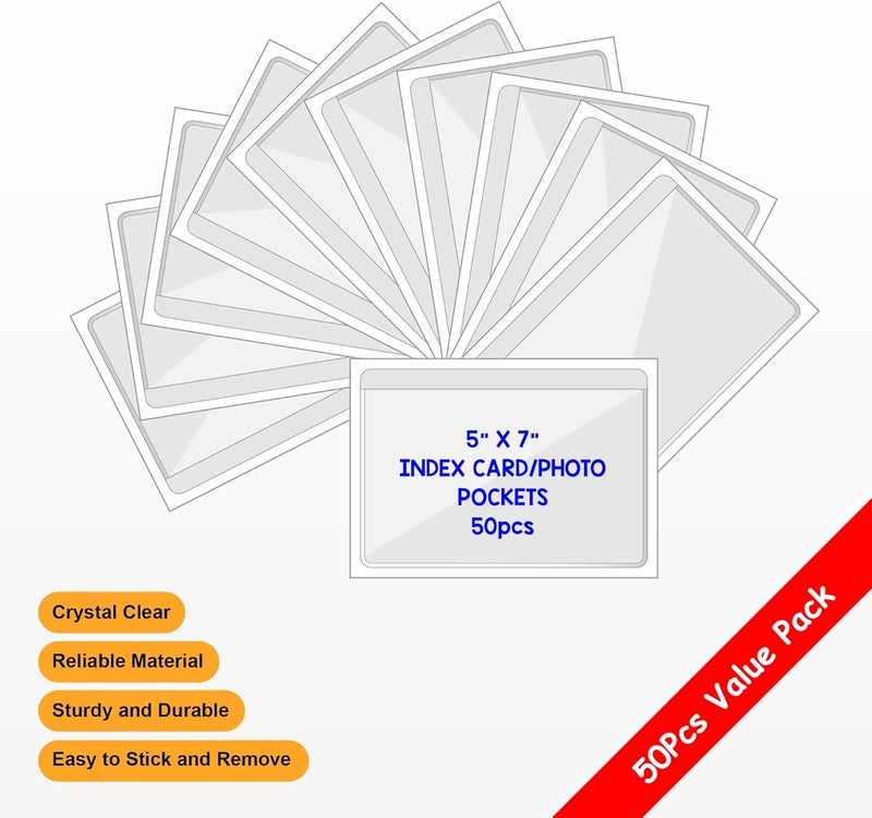 IMAGAME Clear Adhesive 5" x 7" Index Card Pockets with Top Open for Loading, 50 Pack, Plastic Labels Holders for Storage Bins and Library Card, Organizing and Protecting Your Index Cards or Photos - Image 3